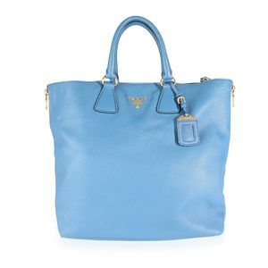 Prada Blue Vitello Daino Calfskin Leather Large Side Zip Convertible Tote